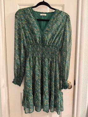 Max Studio Green Floral Long-Sleeve Smocked Waist Dress
